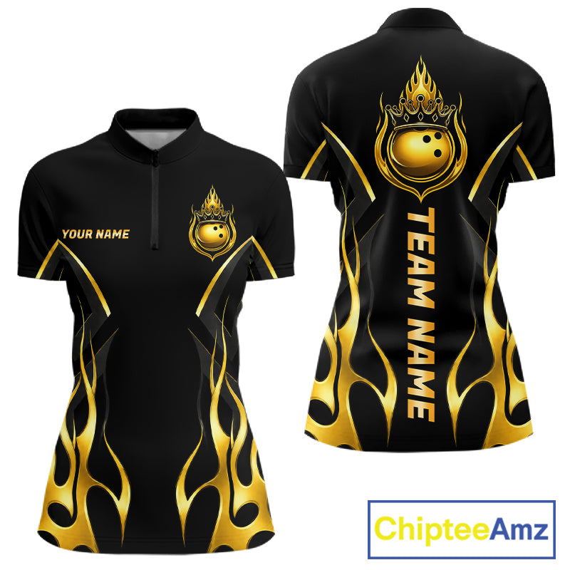 Black And Gold Crown Bowling Ball Polo 1/4-Zip Shirts For Women Custom Fire Flame Bowling Team Jersey NYN4142