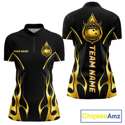 Black And Gold Crown Bowling Ball Polo 1/4-Zip Shirts For Women Custom Fire Flame Bowling Team Jersey NYN4142