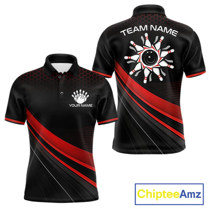 Custom Red Strike Hexagon Bowling Polo Quarter-Zip Shirts For Men Team Bowling Tournament Shirt NYN4148