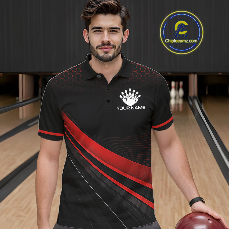 Custom Red Strike Hexagon Bowling Polo Quarter-Zip Shirts For Men Team Bowling Tournament Shirt NYN4148