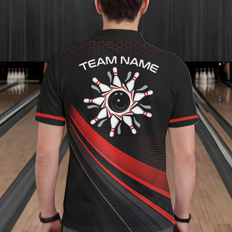 Custom Red Strike Hexagon Bowling Polo Quarter-Zip Shirts For Men Team Bowling Tournament Shirt NYN4148