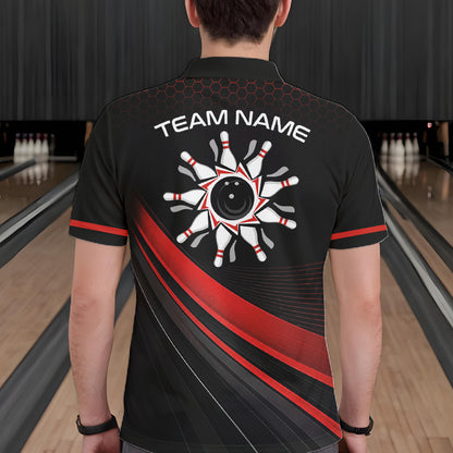 Custom Red Strike Hexagon Bowling Polo Quarter-Zip Shirts For Men Team Bowling Tournament Shirt NYN4148