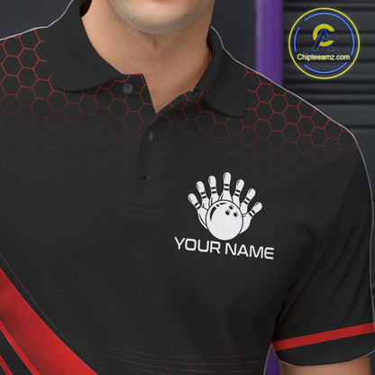 Custom Red Strike Hexagon Bowling Polo Quarter-Zip Shirts For Men Team Bowling Tournament Shirt NYN4148