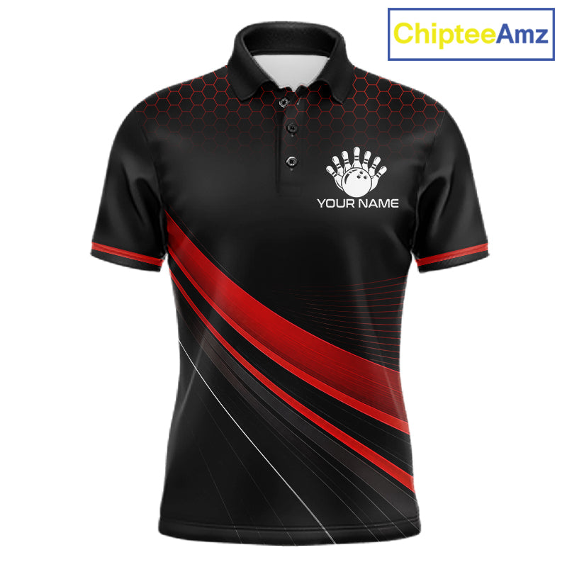 Custom Red Strike Hexagon Bowling Polo Quarter-Zip Shirts For Men Team Bowling Tournament Shirt NYN4148