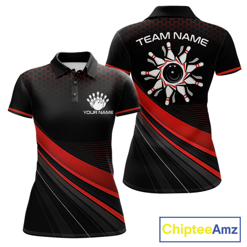 Custom Red Strike Hexagon Bowling Polo Quarter-Zip Shirts For Women Team Bowling Tournament Shirt NYN4148