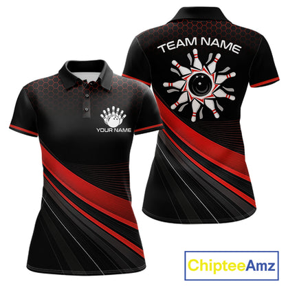 Custom Red Strike Hexagon Bowling Polo Quarter-Zip Shirts For Women Team Bowling Tournament Shirt NYN4148