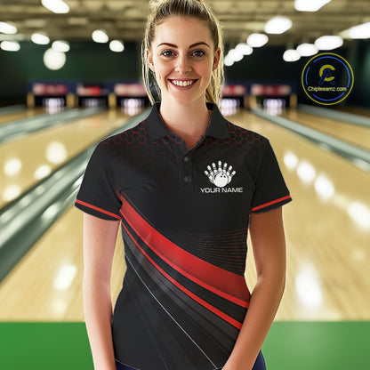 Custom Red Strike Hexagon Bowling Polo Quarter-Zip Shirts For Women Team Bowling Tournament Shirt NYN4148