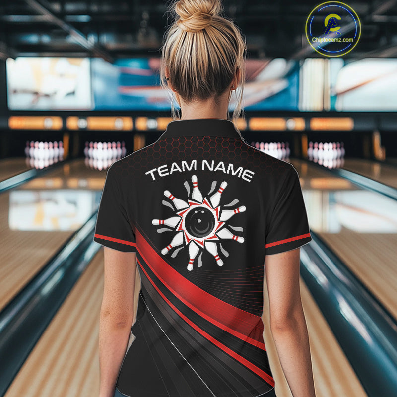 Custom Red Strike Hexagon Bowling Polo Quarter-Zip Shirts For Women Team Bowling Tournament Shirt NYN4148