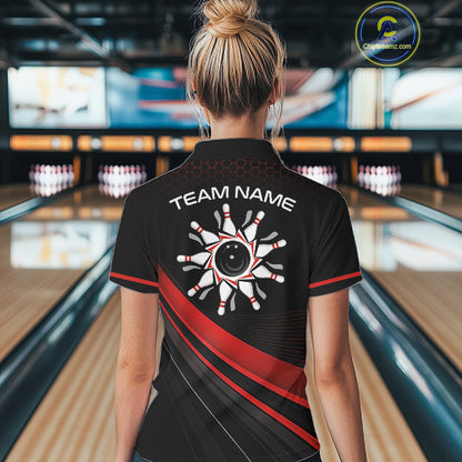 Custom Red Strike Hexagon Bowling Polo Quarter-Zip Shirts For Women Team Bowling Tournament Shirt NYN4148