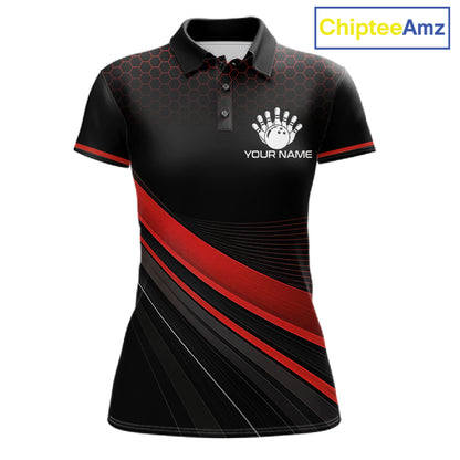 Custom Red Strike Hexagon Bowling Polo Quarter-Zip Shirts For Women Team Bowling Tournament Shirt NYN4148
