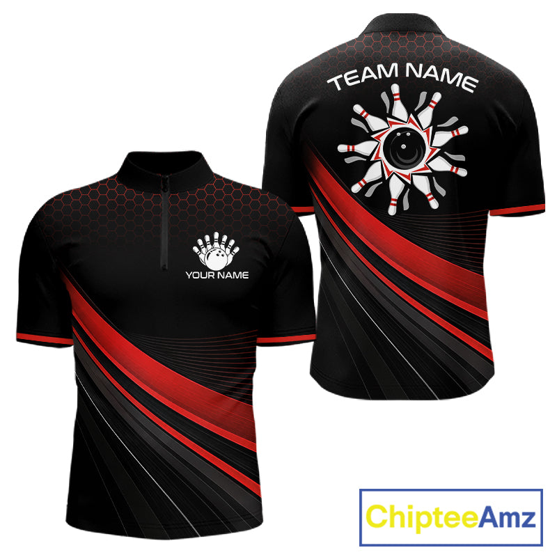 Custom Red Strike Hexagon Bowling Polo Quarter-Zip Shirts For Men Team Bowling Tournament Shirt NYN4148