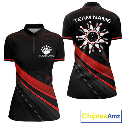 Custom Red Strike Hexagon Bowling Polo Quarter-Zip Shirts For Women Team Bowling Tournament Shirt NYN4148