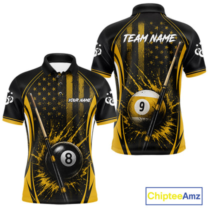 Custom Yellow American Flag 8 Ball & 9 Ball Pool Shirt For Men Grunge Patriot Billiard Team Uniform NYN4149