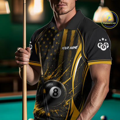 Custom Yellow American Flag 8 Ball & 9 Ball Pool Shirt For Men Grunge Patriot Billiard Team Uniform NYN4149