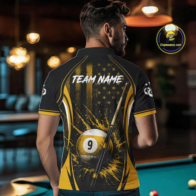 Custom Yellow American Flag 8 Ball & 9 Ball Pool Shirt For Men Grunge Patriot Billiard Team Uniform NYN4149
