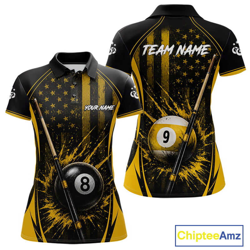 Custom Yellow American Flag 8 Ball & 9 Ball Pool Shirt For Women Grunge Patriot Billiard Team Uniform NYN4149