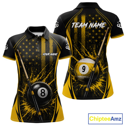 Custom Yellow American Flag 8 Ball & 9 Ball Pool Shirt For Women Grunge Patriot Billiard Team Uniform NYN4149