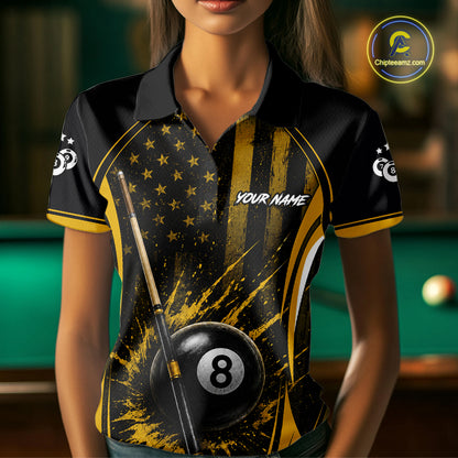 Custom Yellow American Flag 8 Ball & 9 Ball Pool Shirt For Women Grunge Patriot Billiard Team Uniform NYN4149
