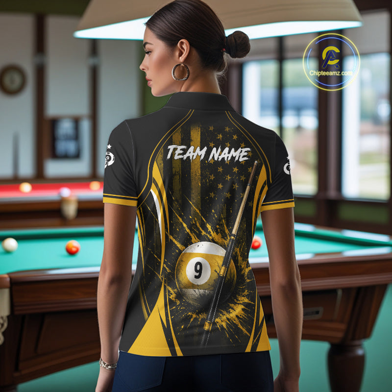 Custom Yellow American Flag 8 Ball & 9 Ball Pool Shirt For Women Grunge Patriot Billiard Team Uniform NYN4149