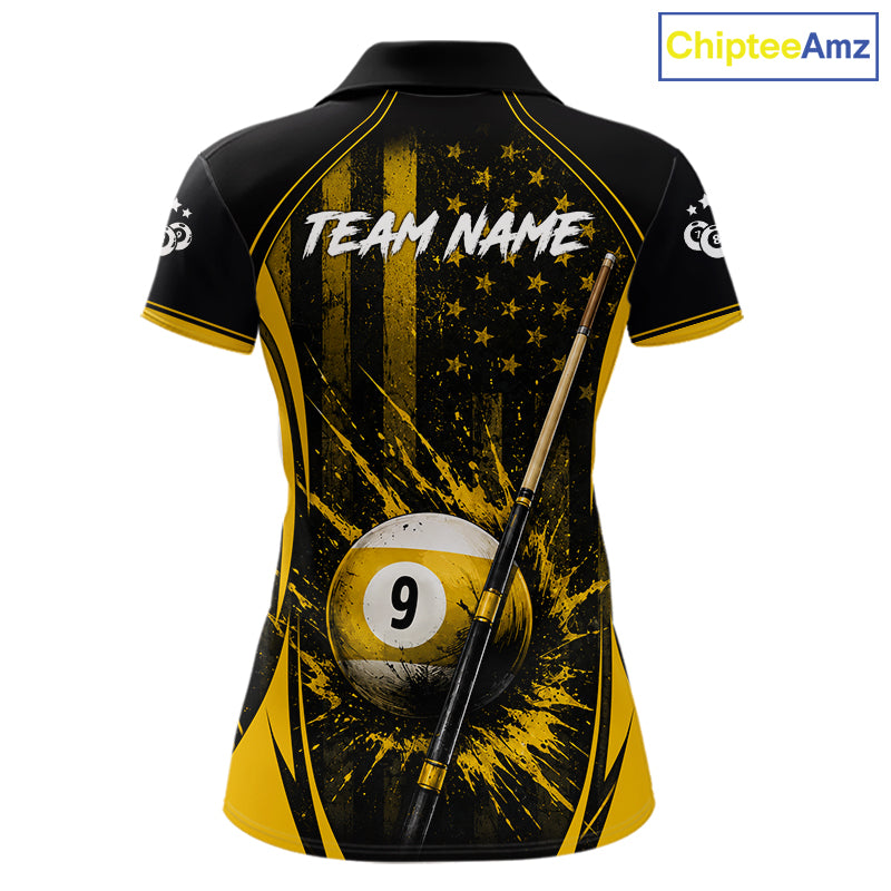 Custom Yellow American Flag 8 Ball & 9 Ball Pool Shirt For Women Grunge Patriot Billiard Team Uniform NYN4149