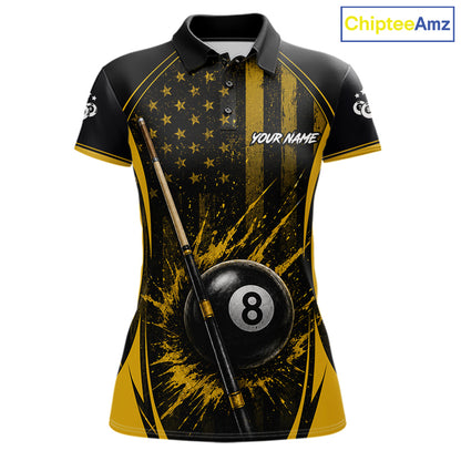 Custom Yellow American Flag 8 Ball & 9 Ball Pool Shirt For Women Grunge Patriot Billiard Team Uniform NYN4149
