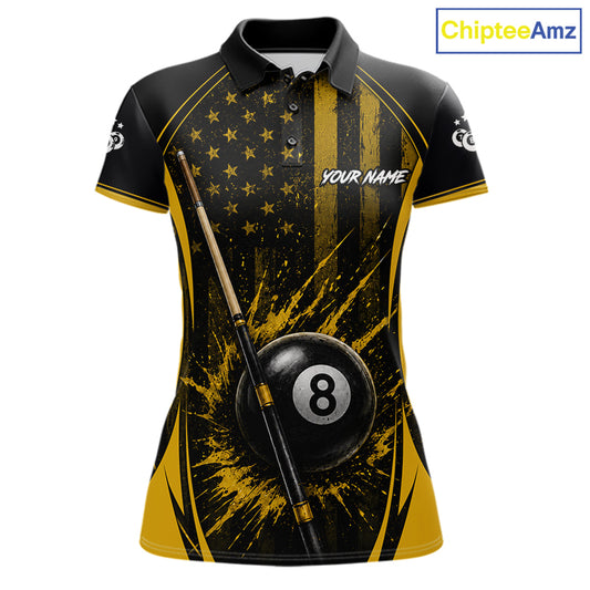 Custom Yellow American Flag 8 Ball & 9 Ball Pool Shirt For Women Grunge Patriot Billiard Team Uniform NYN4149