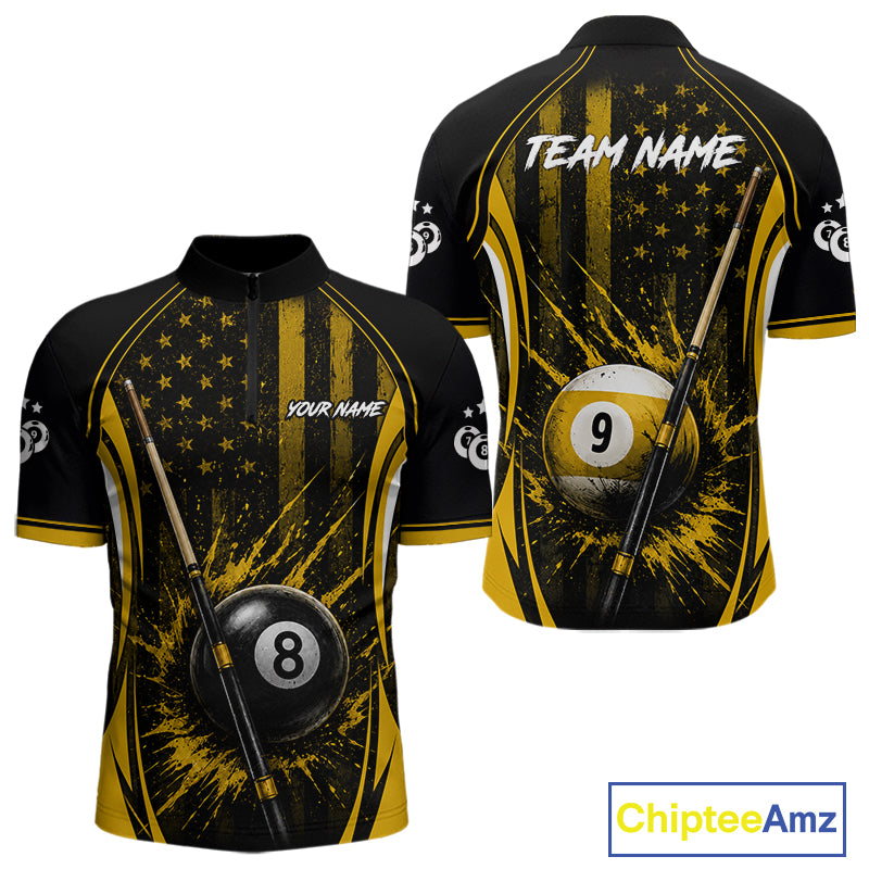Custom Yellow American Flag 8 Ball & 9 Ball Pool Shirt For Men Grunge Patriot Billiard Team Uniform NYN4149