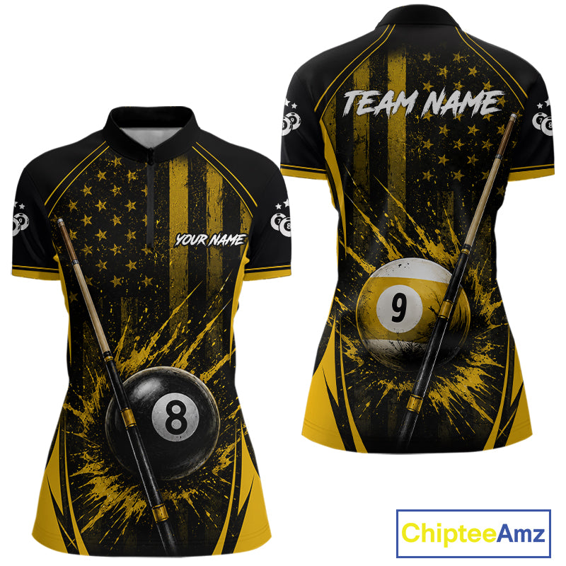 Custom Yellow American Flag 8 Ball & 9 Ball Pool Shirt For Women Grunge Patriot Billiard Team Uniform NYN4149