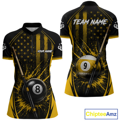 Custom Yellow American Flag 8 Ball & 9 Ball Pool Shirt For Women Grunge Patriot Billiard Team Uniform NYN4149