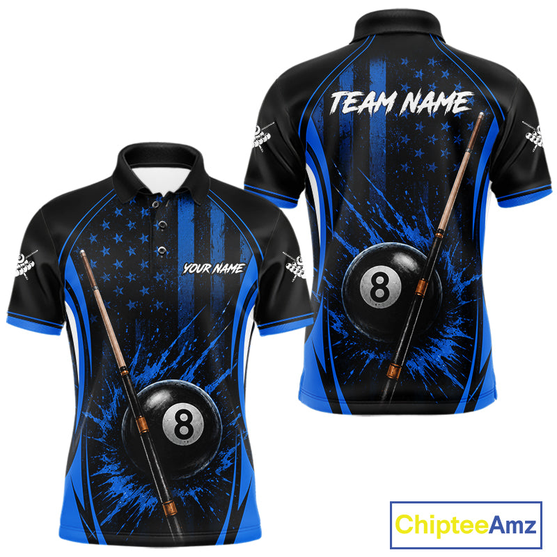Custom Blue American Flag 8 Ball Pool Shirt For Men Grunge Patriot Billiard Team Uniform NYN4150