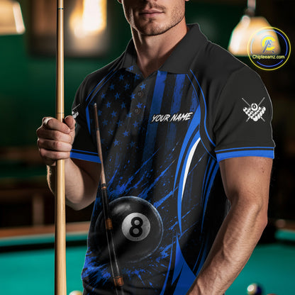 Custom Blue American Flag 8 Ball Pool Shirt For Men Grunge Patriot Billiard Team Uniform NYN4150