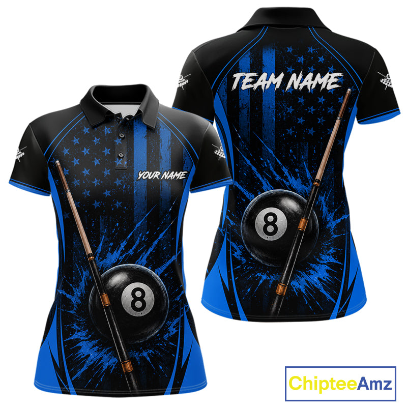 Custom Blue American Flag 8 Ball Pool Shirt For Women Grunge Patriot Billiard Team Uniform NYN4150