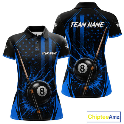 Custom Blue American Flag 8 Ball Pool Shirt For Women Grunge Patriot Billiard Team Uniform NYN4150