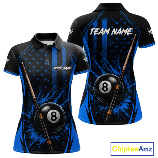 Custom Blue American Flag 8 Ball Pool Shirt For Women Grunge Patriot Billiard Team Uniform NYN4150