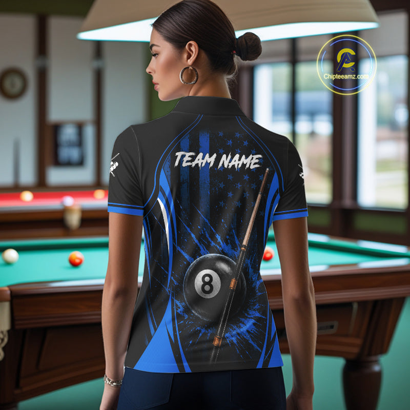 Custom Blue American Flag 8 Ball Pool Shirt For Women Grunge Patriot Billiard Team Uniform NYN4150