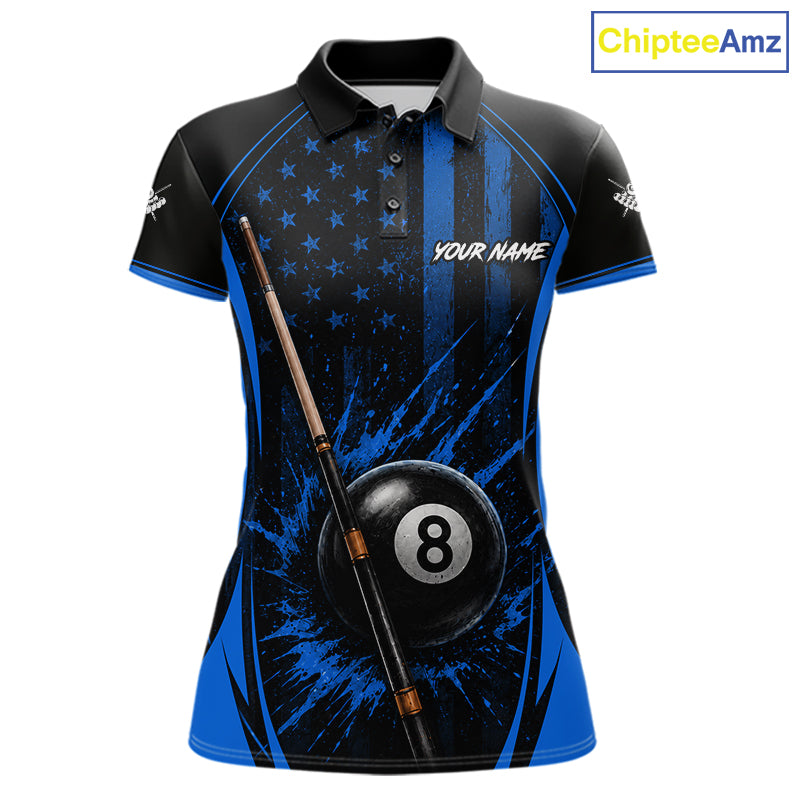 Custom Blue American Flag 8 Ball Pool Shirt For Women Grunge Patriot Billiard Team Uniform NYN4150