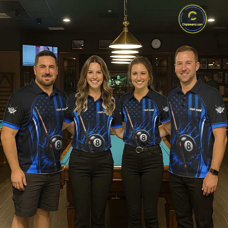 Custom Blue American Flag 8 Ball Pool Shirt For Women Grunge Patriot Billiard Team Uniform NYN4150