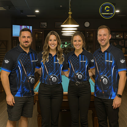 Custom Blue American Flag 8 Ball Pool Shirt For Women Grunge Patriot Billiard Team Uniform NYN4150