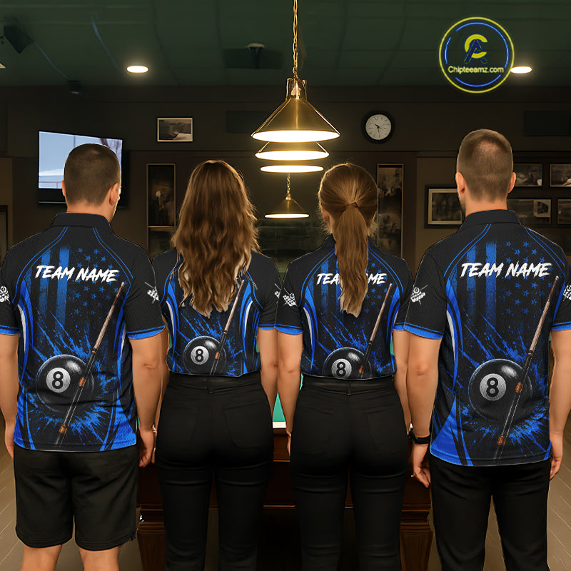 Custom Blue American Flag 8 Ball Pool Shirt For Women Grunge Patriot Billiard Team Uniform NYN4150