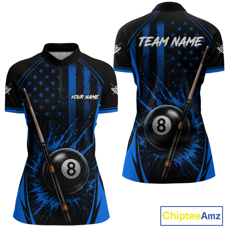 Custom Blue American Flag 8 Ball Pool Shirt For Women Grunge Patriot Billiard Team Uniform NYN4150