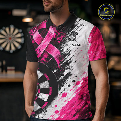 Grunge White & Pink Ribbon Mens Darts Jersey Custom Breast Cancer Awareness Darts Polo 1/4-Zip Shirt NYN4890