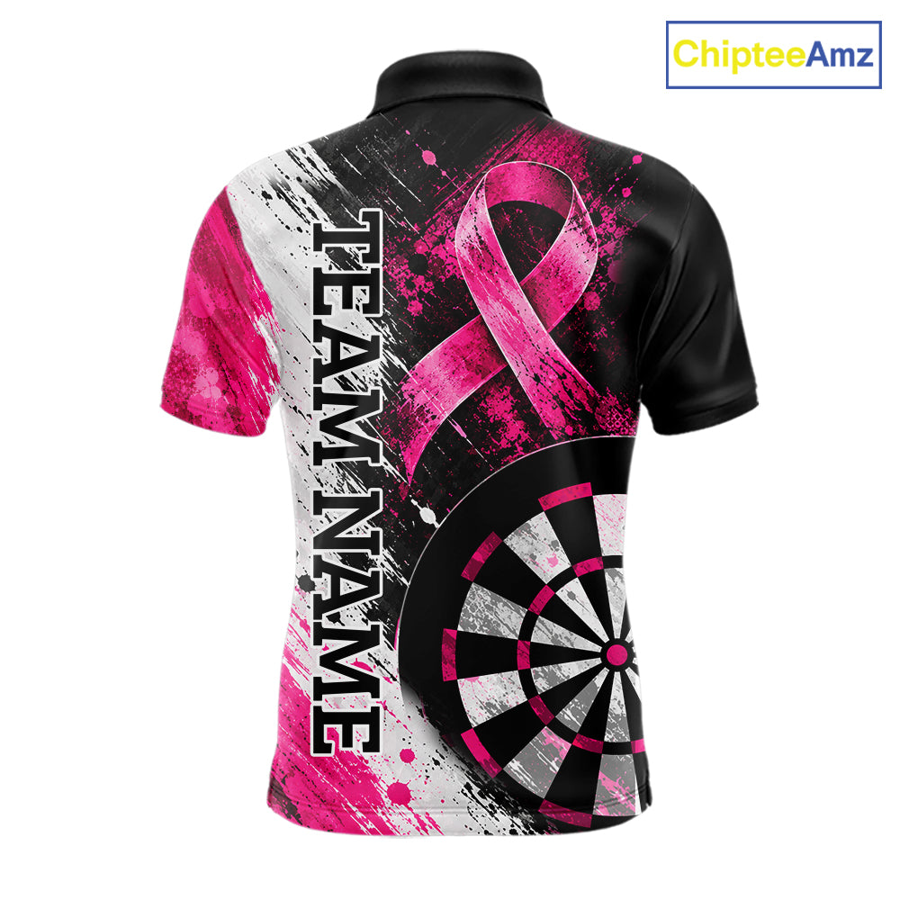 Grunge White & Pink Ribbon Mens Darts Jersey Custom Breast Cancer Awareness Darts Polo 1/4-Zip Shirt NYN4890