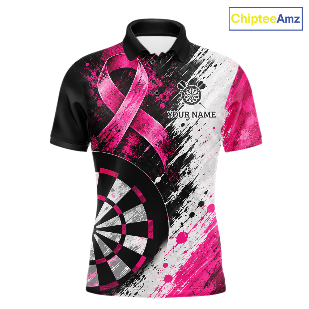 Grunge White & Pink Ribbon Mens Darts Jersey Custom Breast Cancer Awareness Darts Polo 1/4-Zip Shirt NYN4890