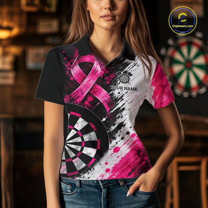 Grunge White & Pink Ribbon Women Darts Jersey Custom Breast Cancer Awareness Darts Polo 1/4-Zip Shirt NYN4890