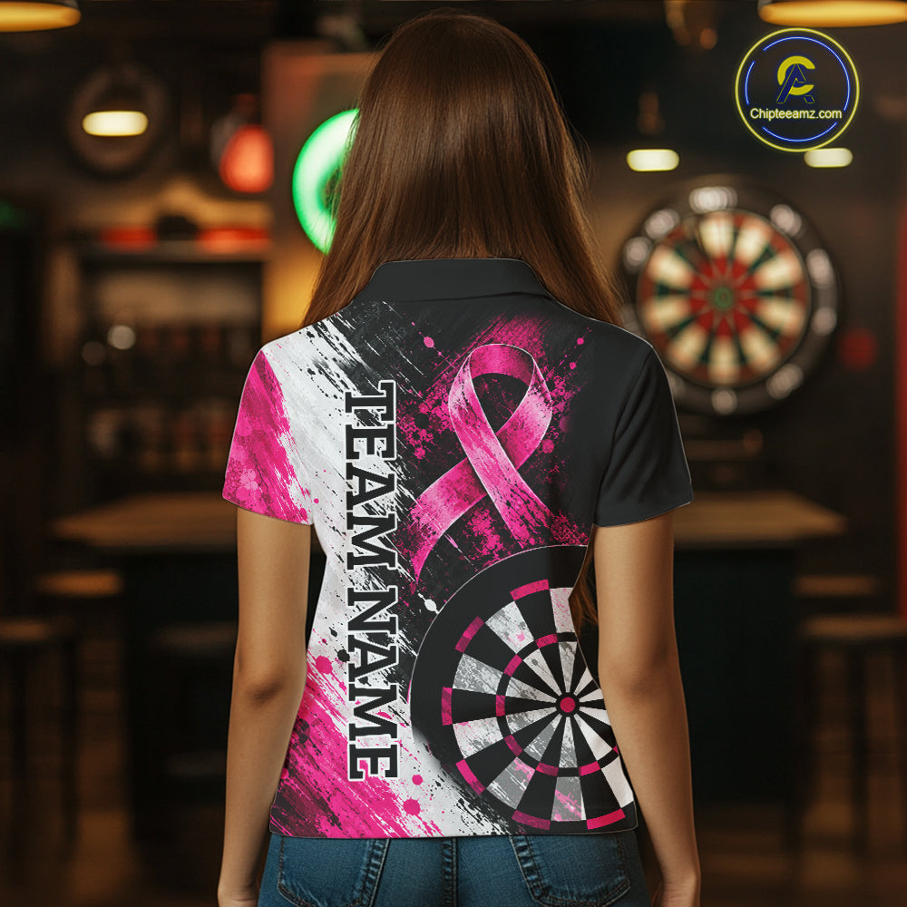 Grunge White & Pink Ribbon Women Darts Jersey Custom Breast Cancer Awareness Darts Polo 1/4-Zip Shirt NYN4890