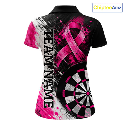 Grunge White & Pink Ribbon Women Darts Jersey Custom Breast Cancer Awareness Darts Polo 1/4-Zip Shirt NYN4890