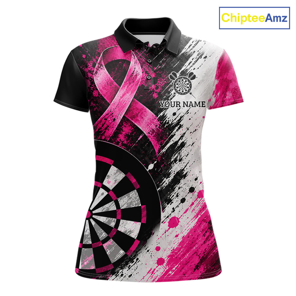 Grunge White & Pink Ribbon Women Darts Jersey Custom Breast Cancer Awareness Darts Polo 1/4-Zip Shirt NYN4890