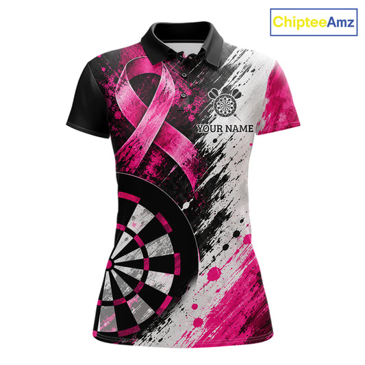 Grunge White & Pink Ribbon Women Darts Jersey Custom Breast Cancer Awareness Darts Polo 1/4-Zip Shirt NYN4890