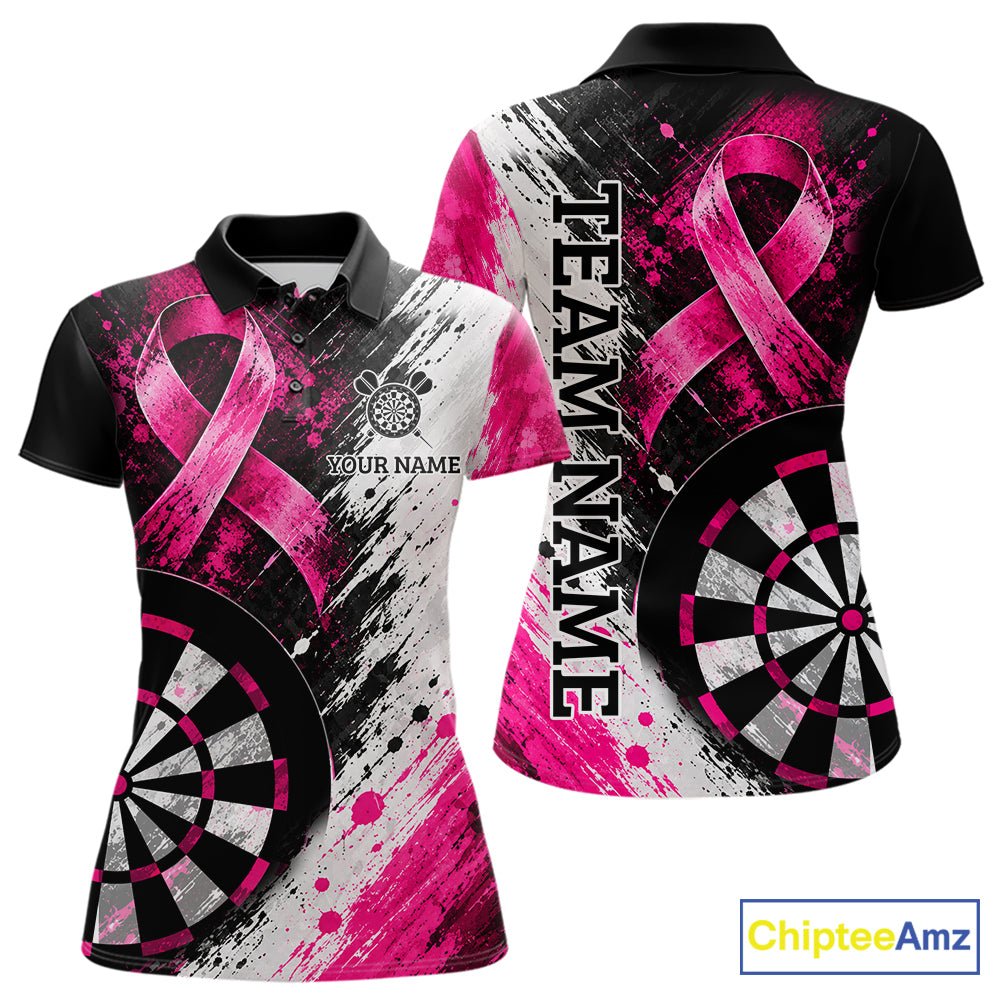 Grunge White & Pink Ribbon Women Darts Jersey Custom Breast Cancer Awareness Darts Polo 1/4-Zip Shirt NYN4890