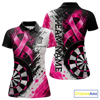 Grunge White & Pink Ribbon Women Darts Jersey Custom Breast Cancer Awareness Darts Polo 1/4-Zip Shirt NYN4890